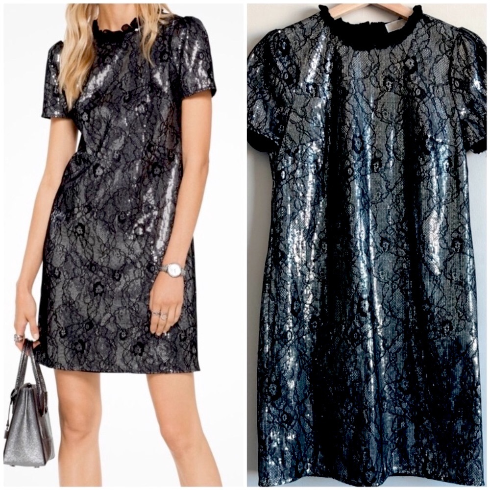 MICHAEL Kors Silver Sequin Black Lace Dress NWOT